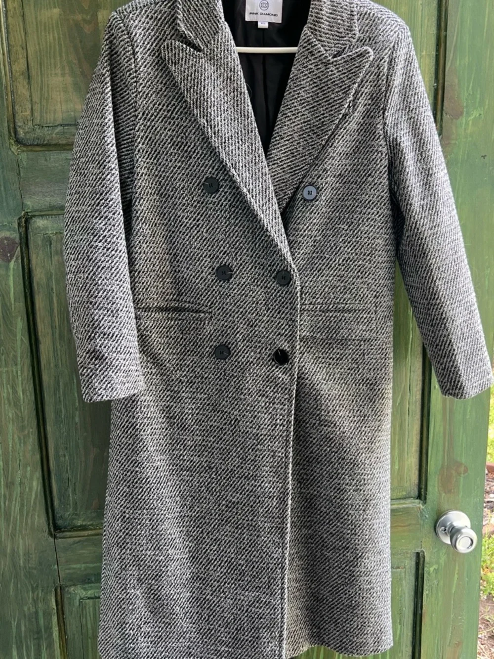 Pink Diamond Oversized Double-Breasted Herringbone Pea Coat - Black & White - Picture 3 of 6